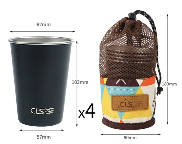 CLS 戶外野營杯4件組(黑色) 304不鏽鋼 水杯 咖啡杯 可疊收納 露營燒烤