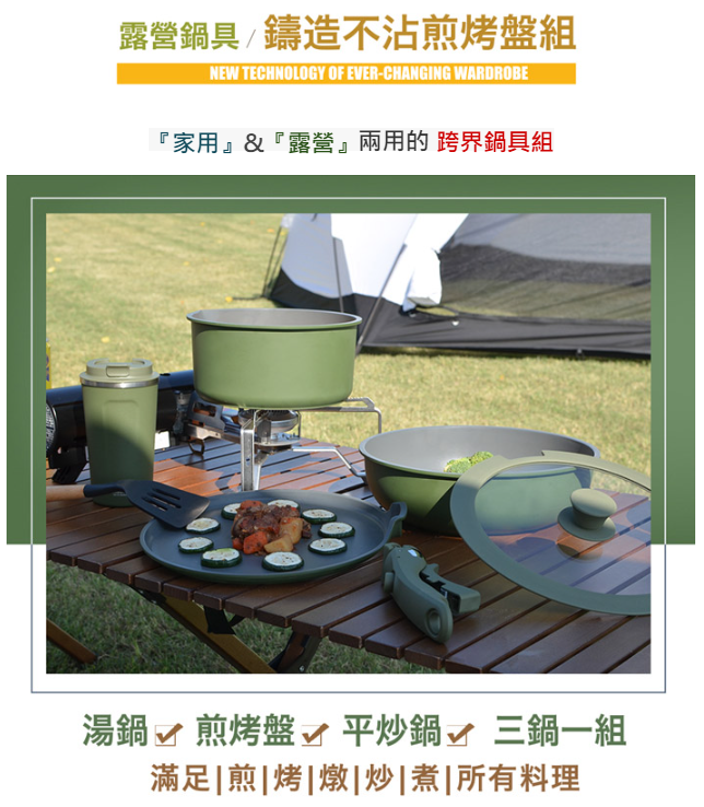 仙德曼 - 鑄造不沾煎烤盤鍋具組/可拆卸把手/附圓形收納袋(2色)