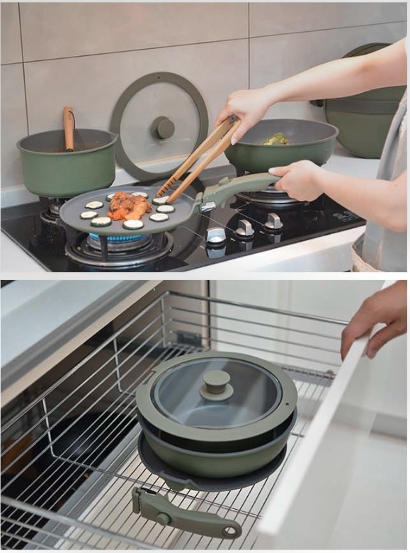 仙德曼 - 鑄造不沾煎烤盤鍋具組/可拆卸把手/附圓形收納袋(2色)