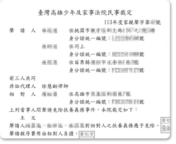 減輕或免除扶養義務事件,經法院裁定准予免除!