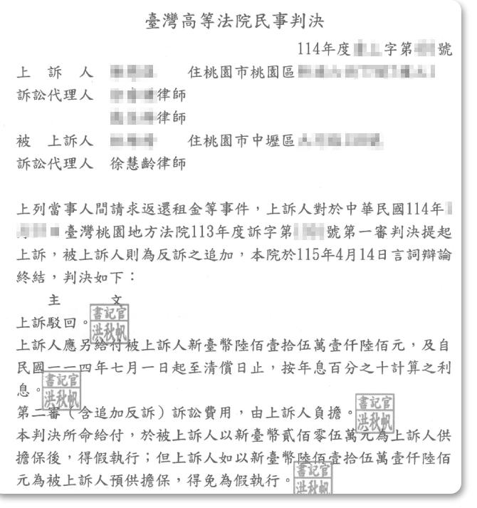 返還租金等事件，獲二審勝訴判決！