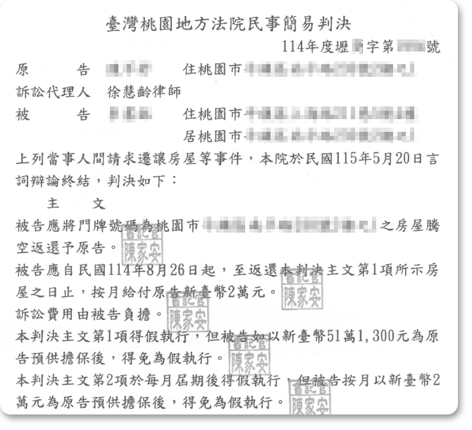 遷讓房屋等事件，獲勝訴判決！