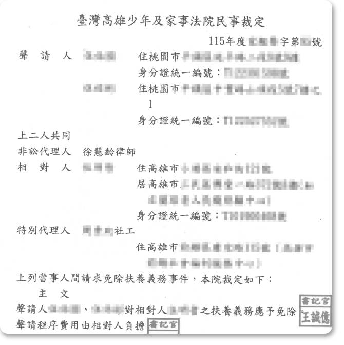 免除扶養義務事件,經法院裁定准予免除!