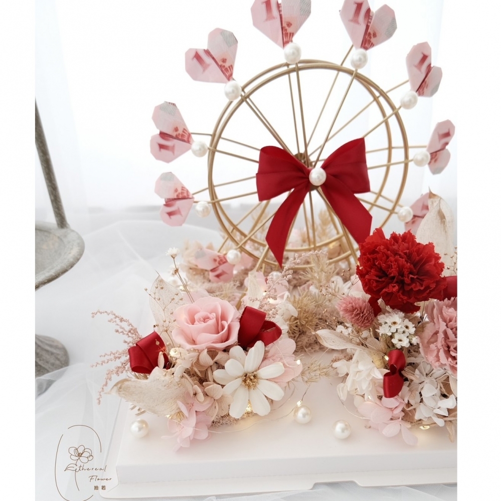 Ethereal flower鈔票摩天輪 紅粉康乃馨永生花鈔票摩天輪