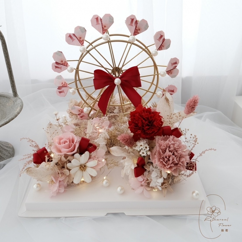 Ethereal flower鈔票摩天輪 紅粉康乃馨永生花鈔票摩天輪