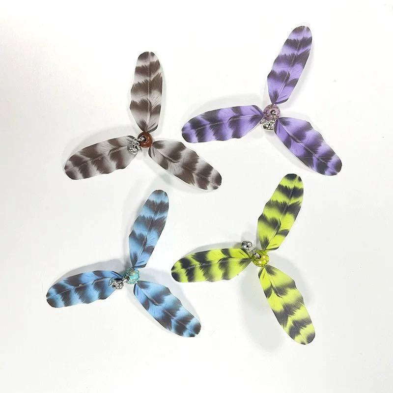 仿真羽毛旋轉風車鈴鐺逗貓棒（木柄）