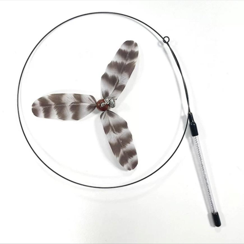 仿真羽毛旋轉風車鈴鐺逗貓棒（木柄）