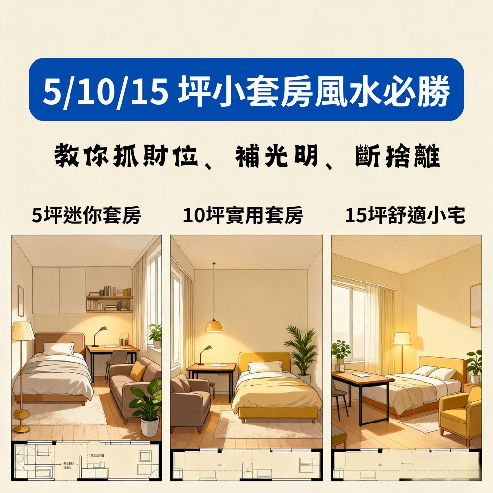 三款小套房示意圖（5/10/15 坪），教你抓財位、補光明、斷捨離。