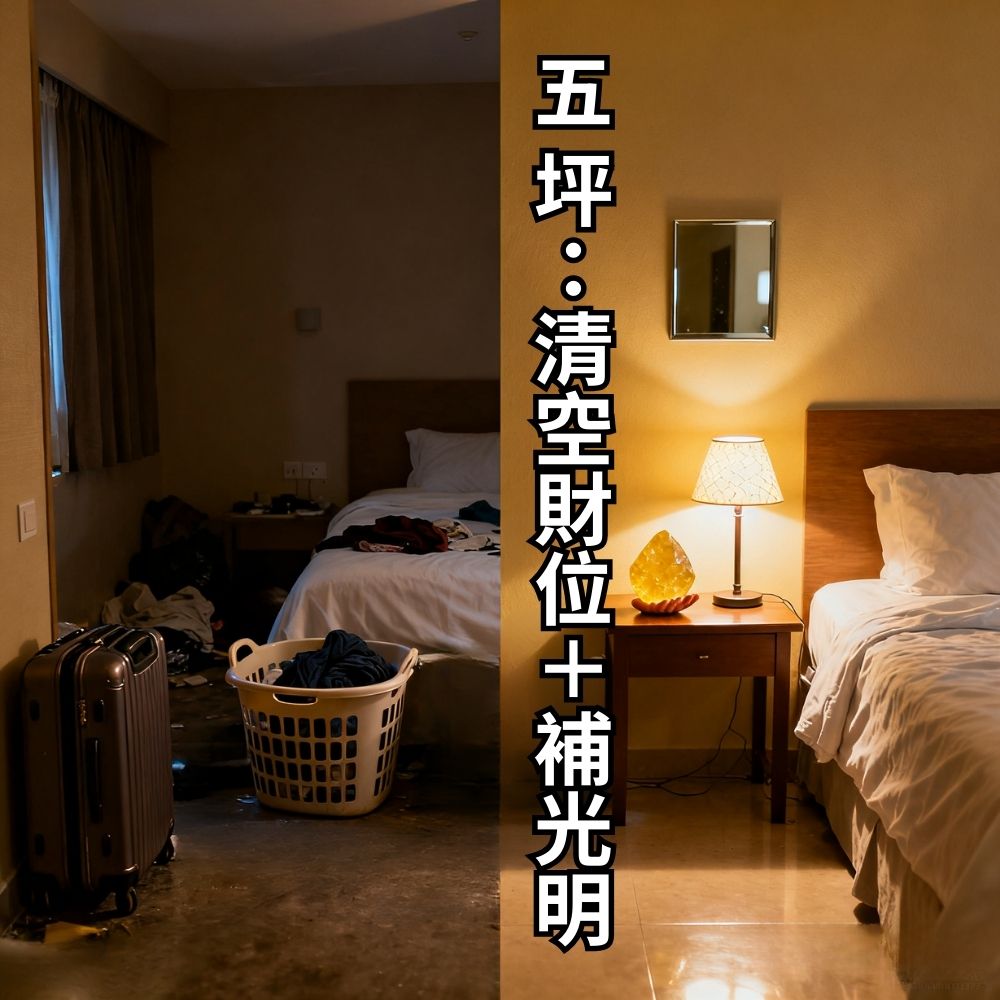 5 坪套房改造前後對比，右側示範將財位清空並放小台燈與黃水晶。