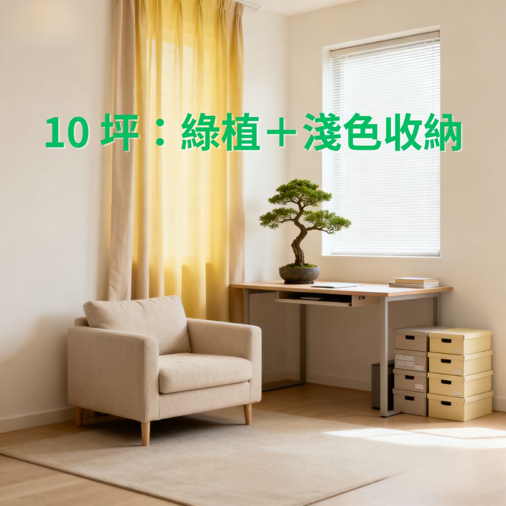 10 坪套房示意，示範放置小發財樹與統一色系收納提升視覺與氣場。