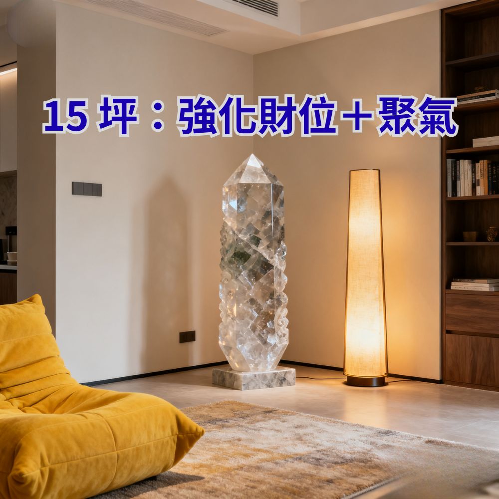 15 坪示意圖，財位置放中型水晶柱與暖色靠墊，客廳區地毯提升聚氣感。
