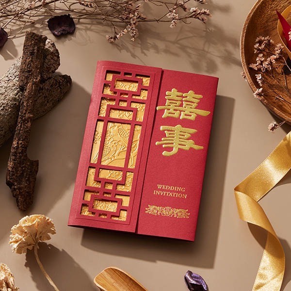  A7502 一幅畫、一杯茶、一首詩 ▸ 經典中式簍空燙金款囍帖