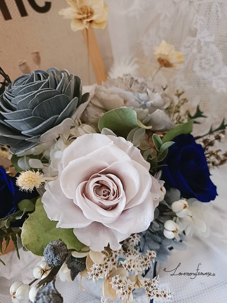 大理石線條花器-莫蘭迪灰階永生玫瑰桌花