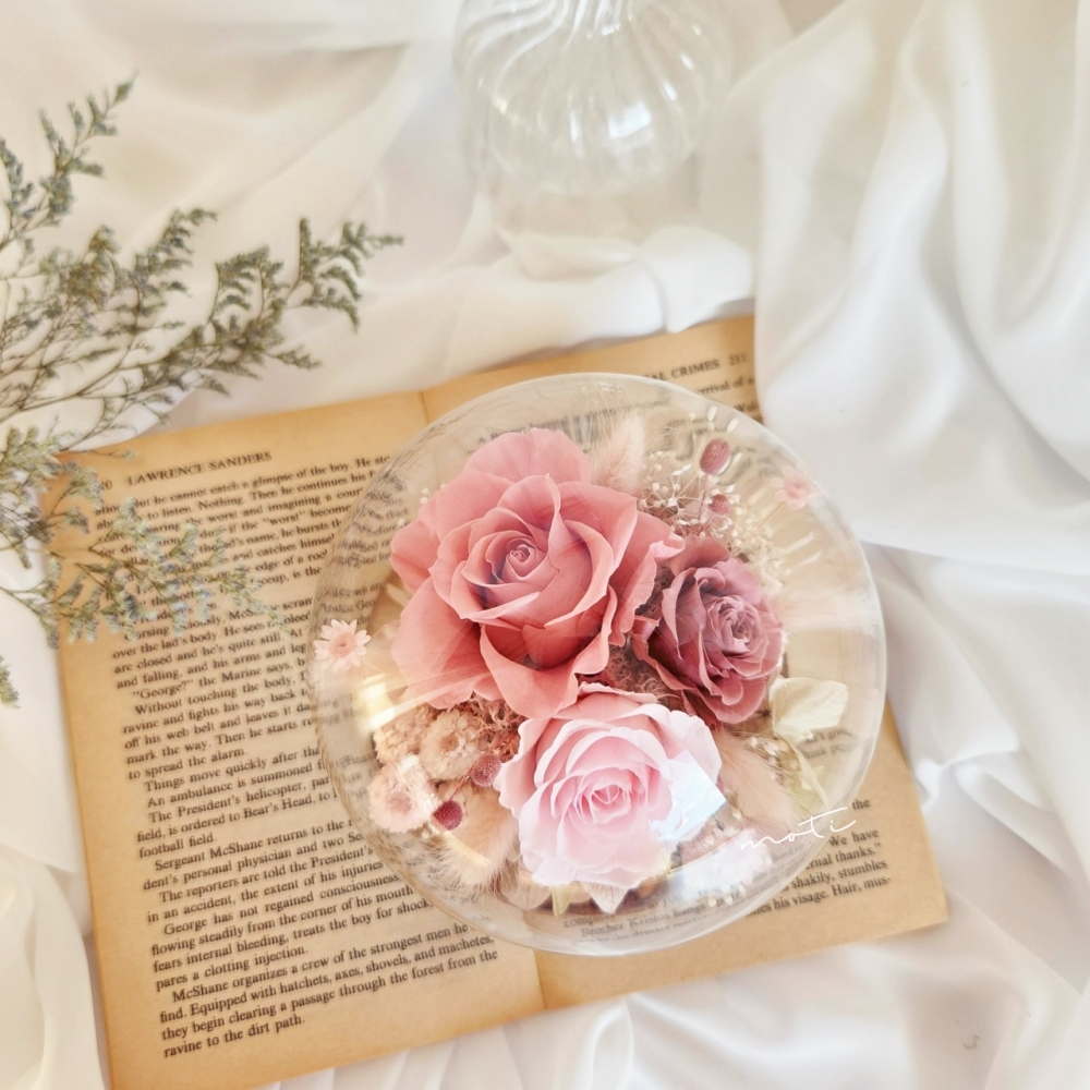 秋季花藝課程-水晶球璃鐘罩3朵 | 台北花藝課程