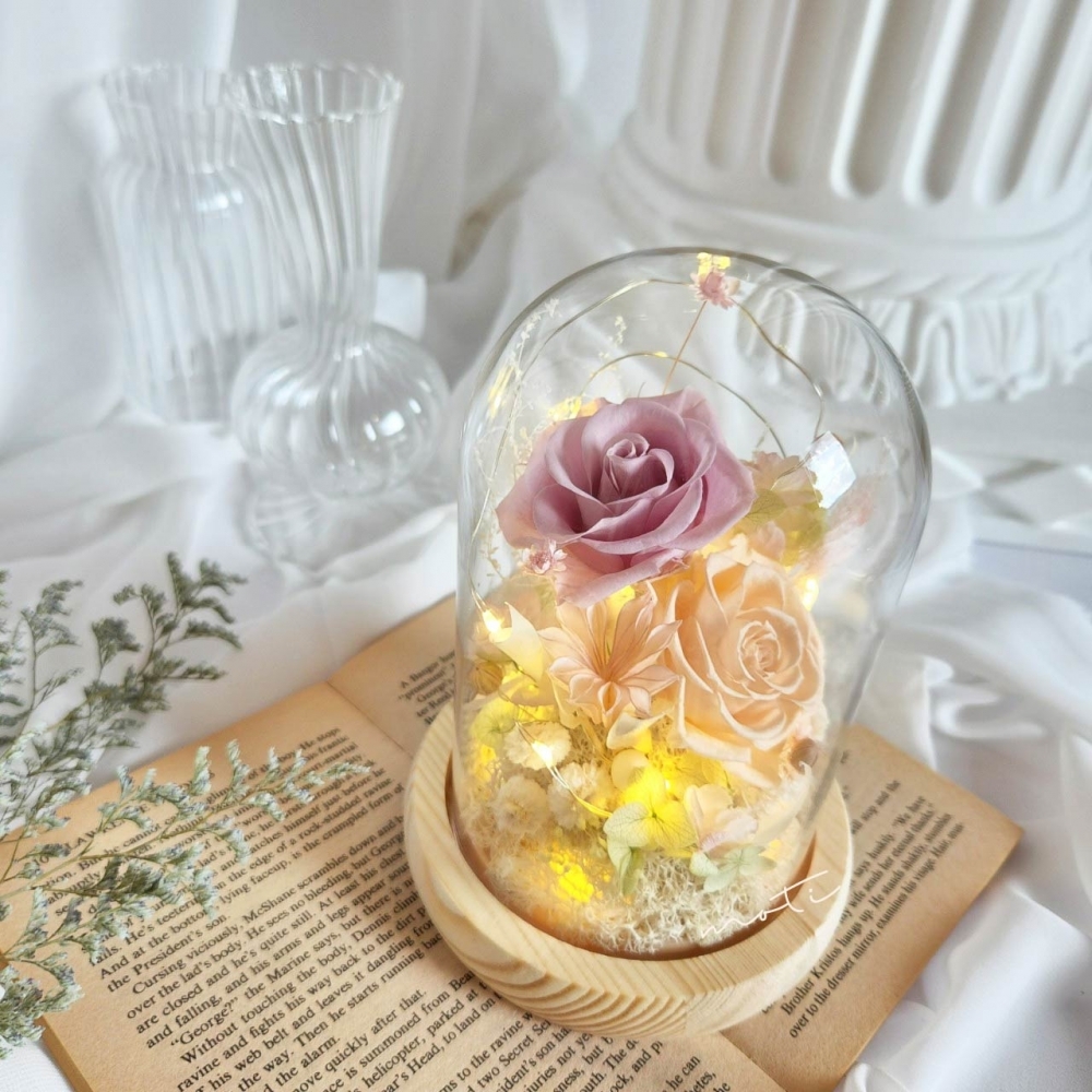 秋季花藝課程-長型玻璃鐘罩2朵 | 台北花藝課程