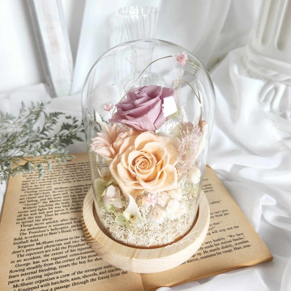 秋季花藝課程-長型玻璃鐘罩2朵 | 台北花藝課程