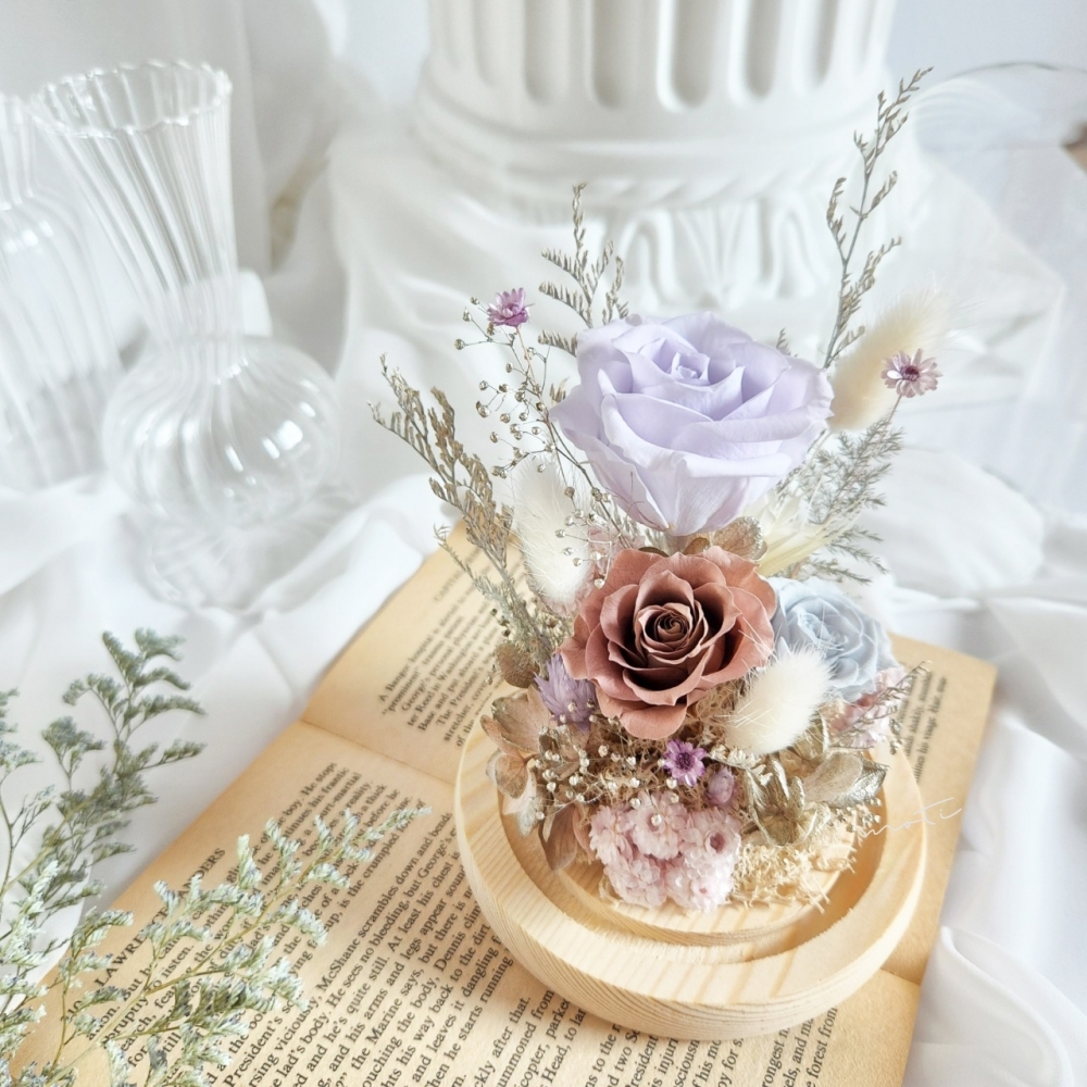 秋季花藝課程-長型玻璃鐘罩3朵 | 台北花藝課程