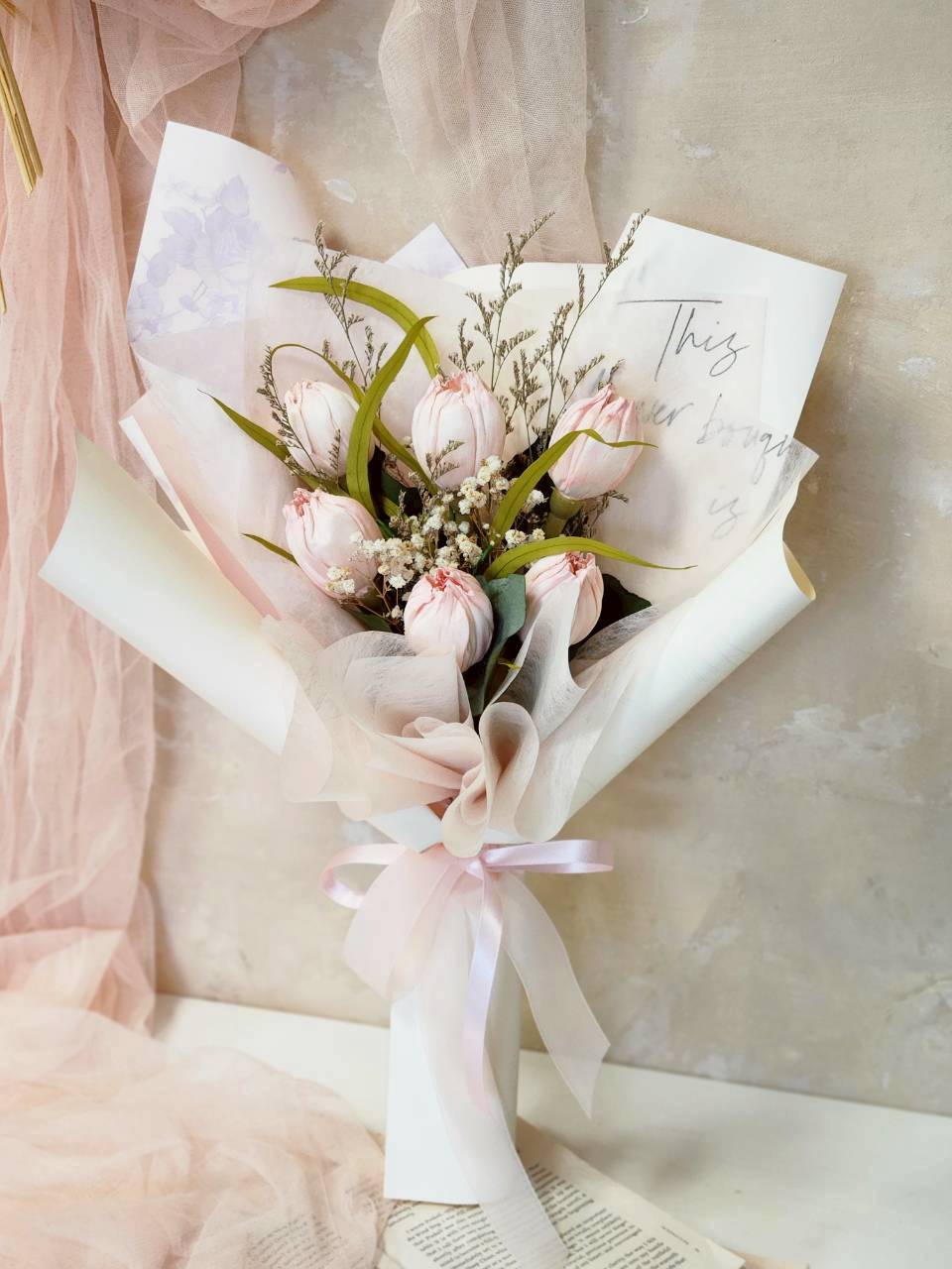 奶霧粉色調｜香氛鬱金香花束｜台北情人節花束訂製