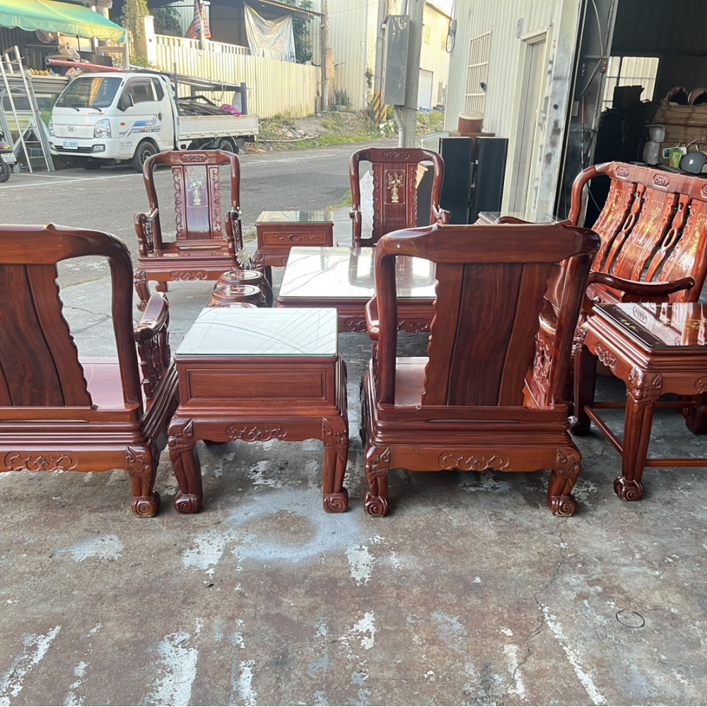 花梨木鑲貝全實木戰國14件組 （全部桌面都有加厚強化玻璃）