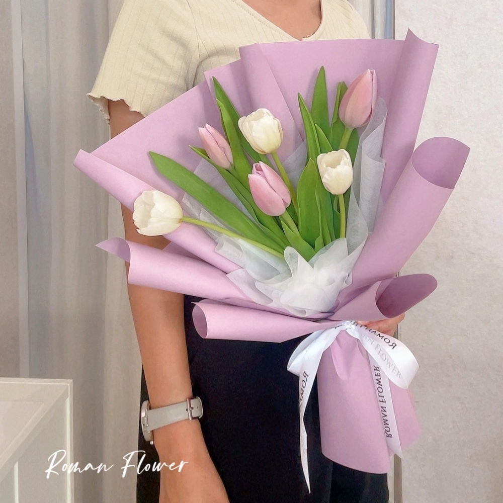 韓式鬱金香鮮花束~白紫雙色6朵