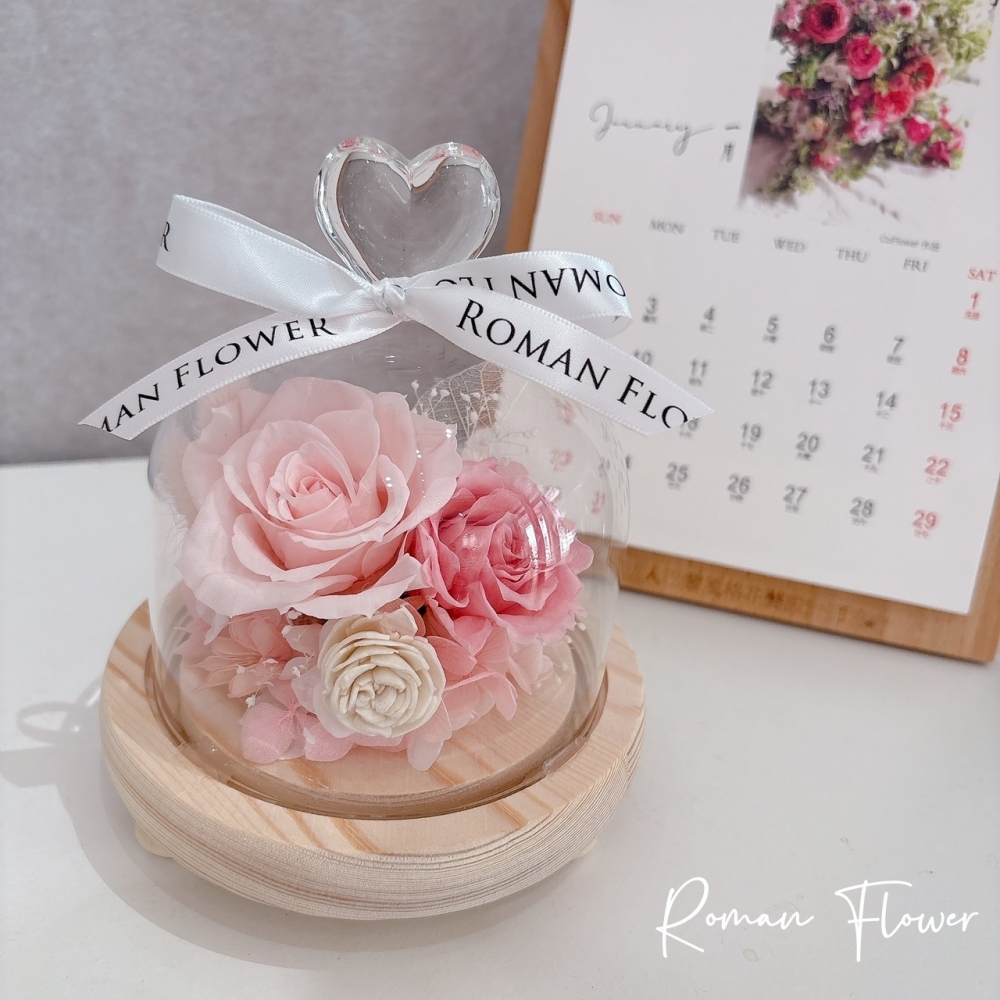 心型永生玫瑰玻璃花盅(M)-底座帶燈，可當夜燈，可替換電池