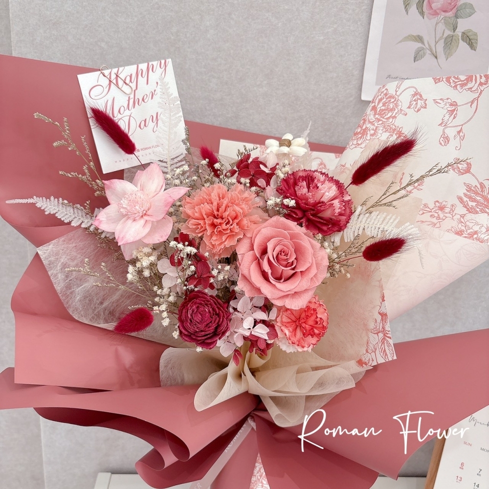 母親節限定~永生玫瑰康乃馨綜合花束(L)(經典紅)