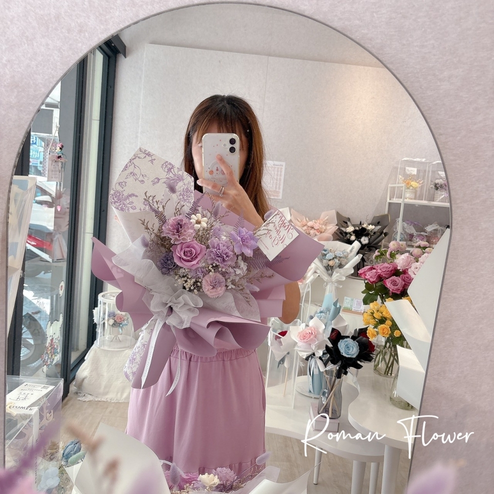 母親節限定~永生玫瑰康乃馨綜合花束(L)(夢幻紫)