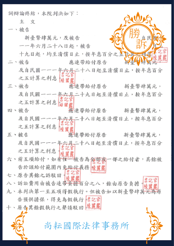 侵權行為損害賠償/勝訴