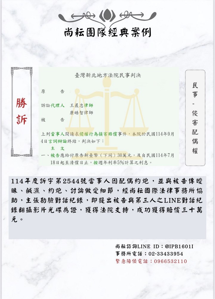 當事人遭侵害配偶權求助本所-一審勝訴