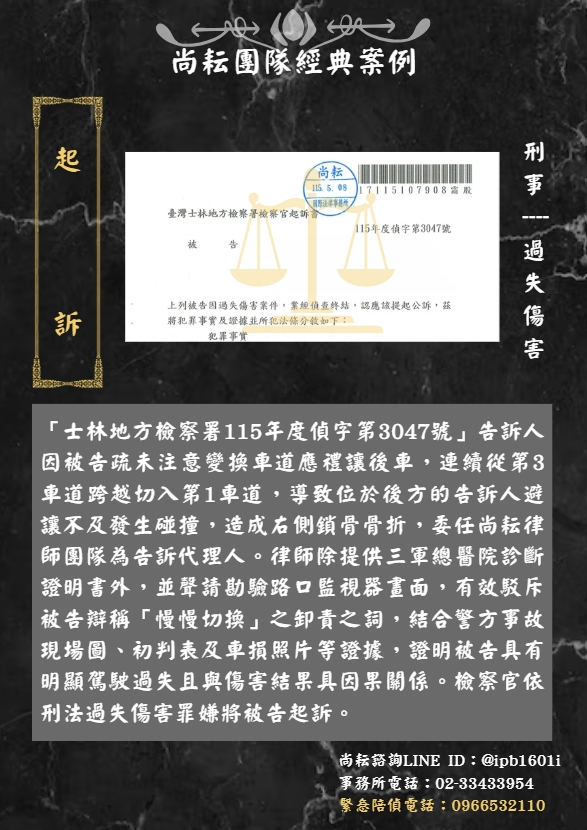 當事人委任尚耘團隊為過失傷害告訴代理人｜成功起訴