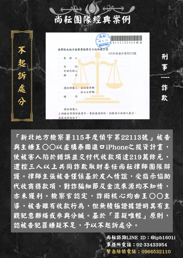 當事人遭控三人以上共同詐欺取財∣獲不起訴處分