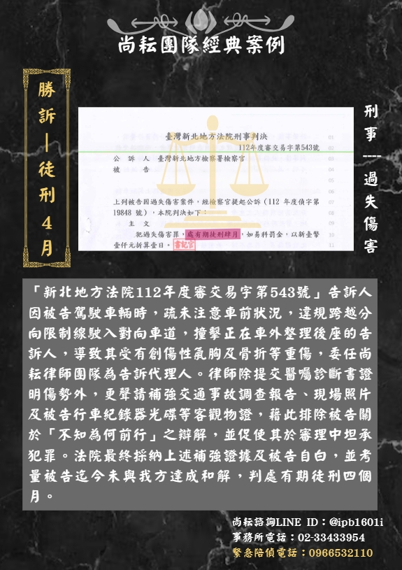 當事人委任尚耘團隊為過失傷害槓訴代理人∣有期徒刑四月