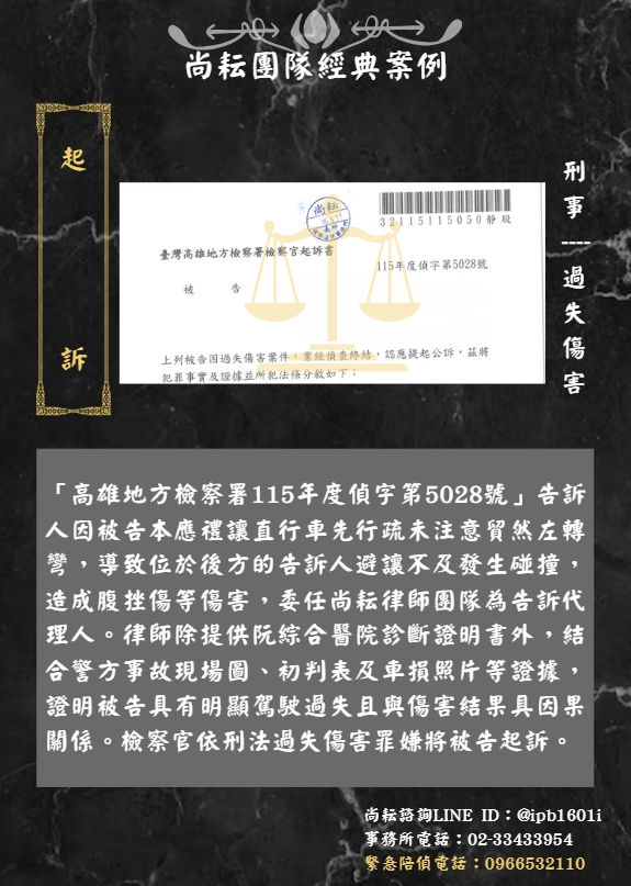 當事人委任尚耘律師團隊為過失傷害告訴代理人∣成功起訴