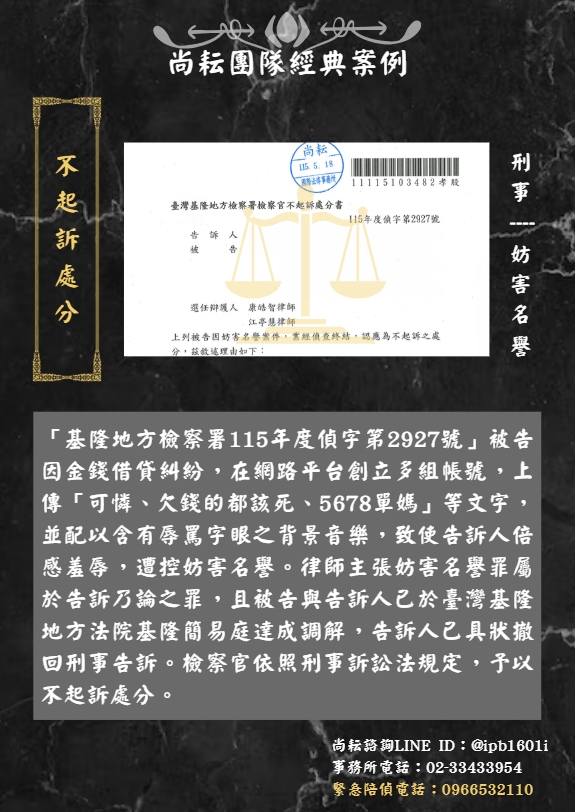 當事人遭控妨害名譽∣獲不起訴處分