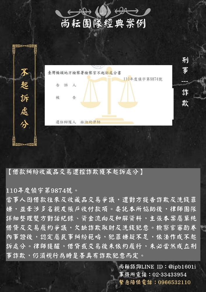【借款糾紛、收藏品交易遭控詐欺　成功獲不起訴處分】