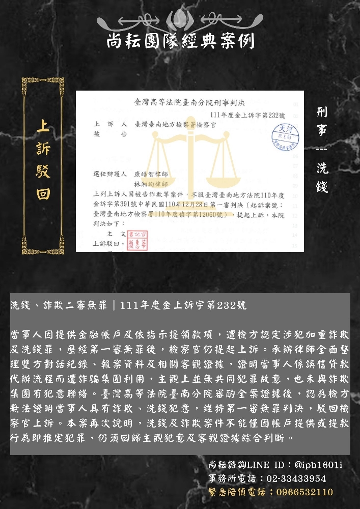 洗錢、詐欺二審無罪｜111年度金上訴字第232號