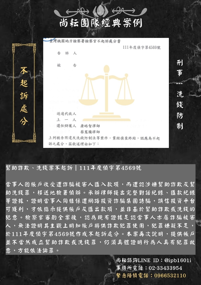 幫助詐欺、洗錢案不起訴｜111年度偵字第4569號