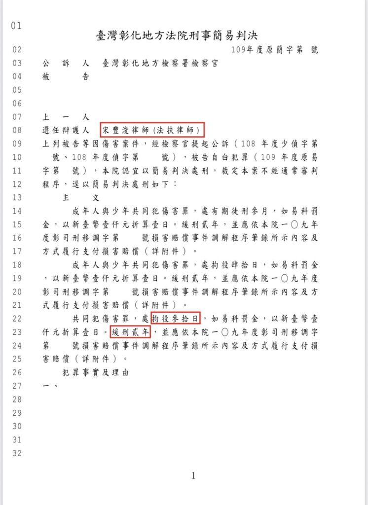傷害案件，當事人獲得