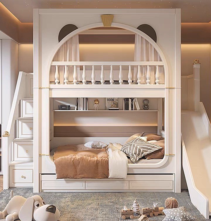 GES-1058小熊樹屋雙層床。描金輕奢款。白橡木實木+水性烤漆上下舖／上下床／兒童床〔新品上市〕