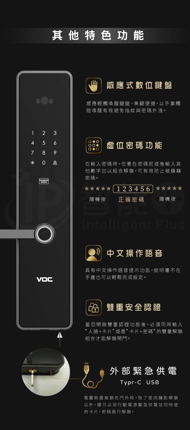 VOC RS-F 人臉/卡片/密碼/鎖匙/遠端 五合一電子門鎖 指紋遠端密碼鎖 