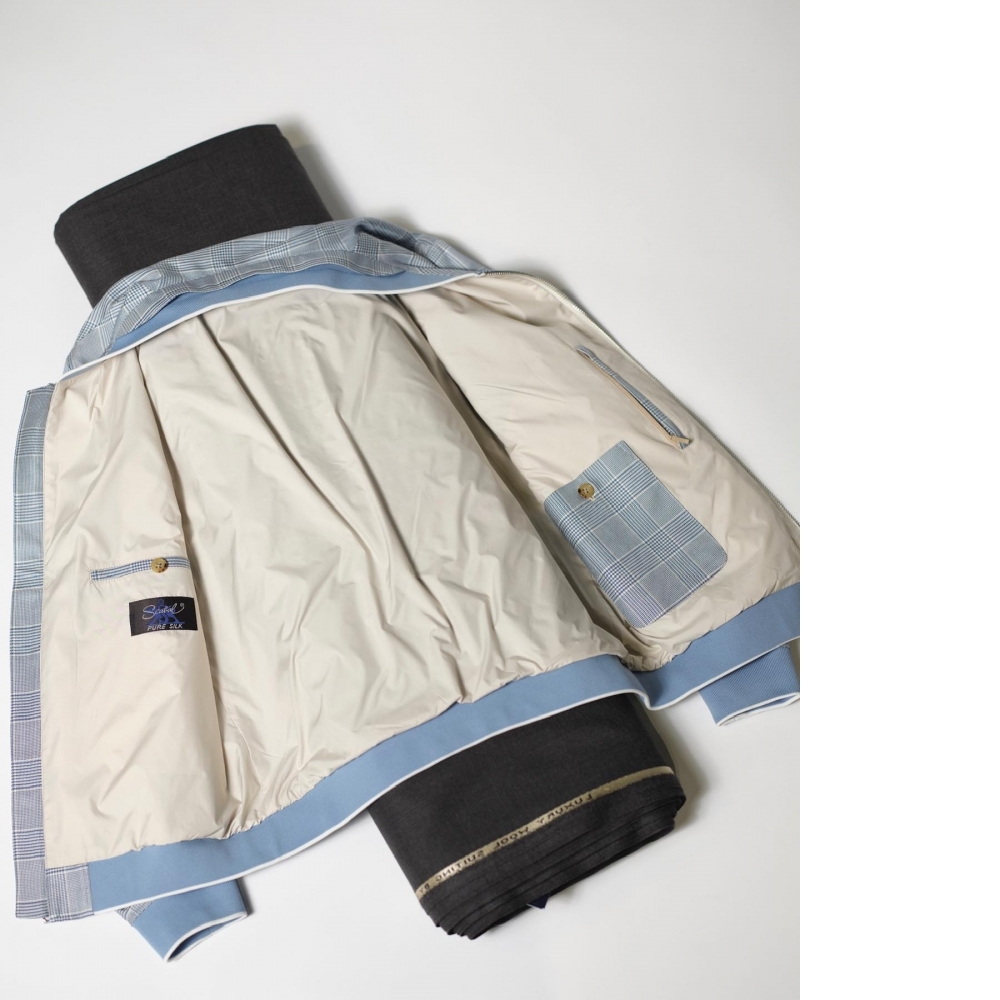 Scabal 頂級之選 白底藍格紋純蠶絲夾克的訂製魅力