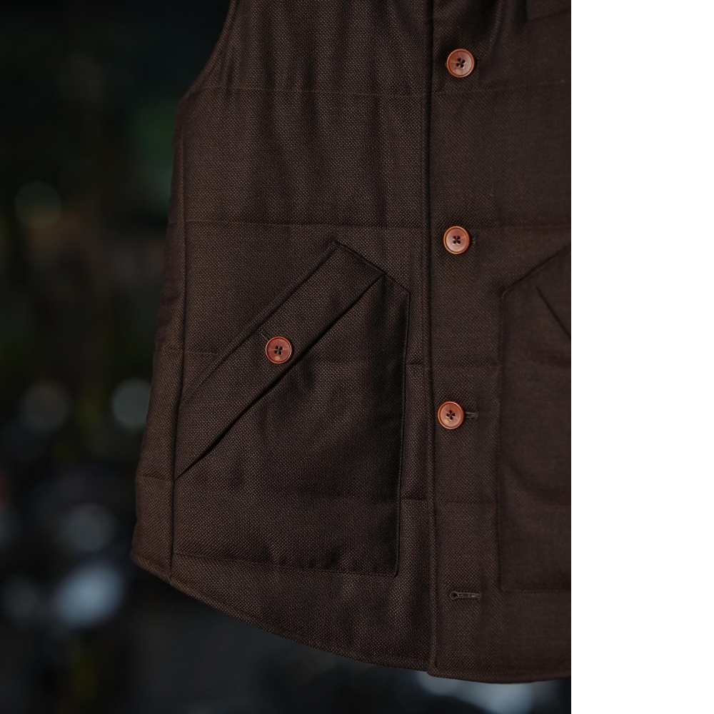 Zegna 咖啡色純羊絨 頂級鈕扣鋪棉背心