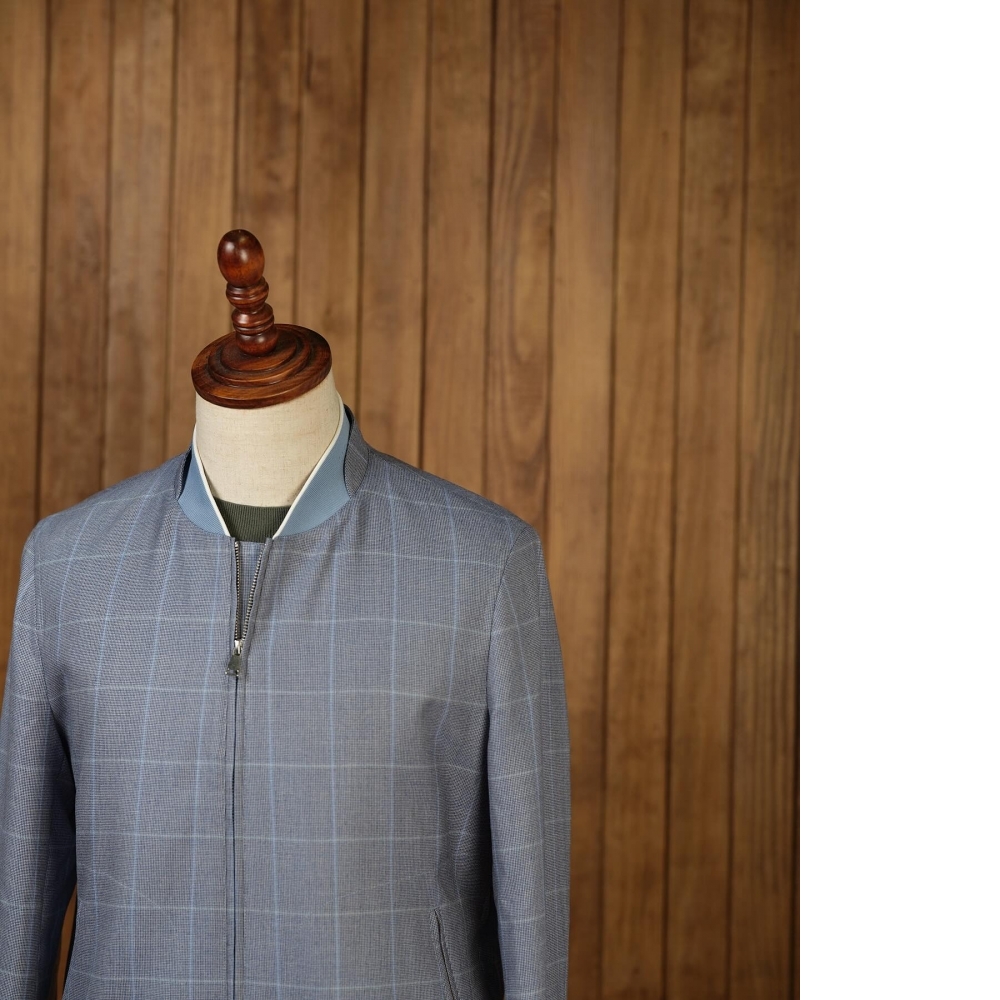 極致柔軟 Zegna 淺藍格紋羊絨拉鍊夾克
