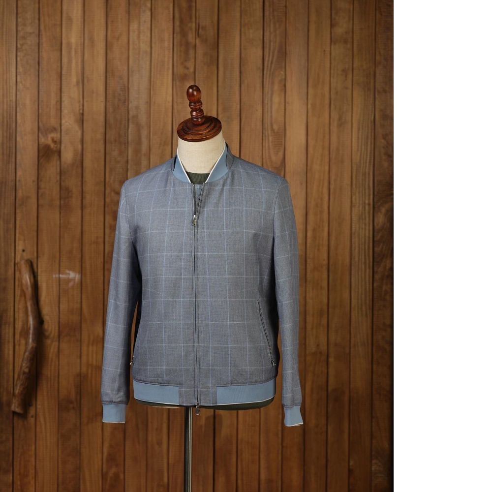 極致柔軟 Zegna 淺藍格紋羊絨拉鍊夾克