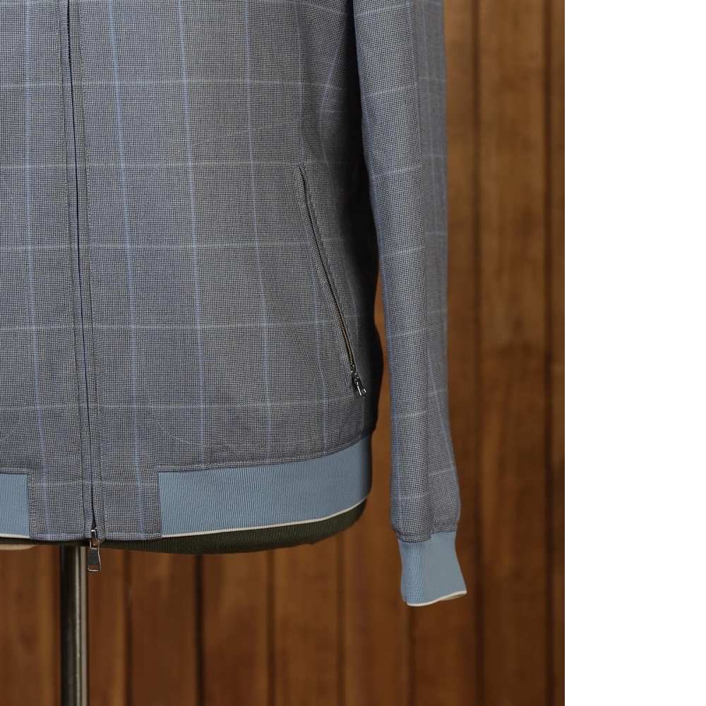 極致柔軟 Zegna 淺藍格紋羊絨拉鍊夾克