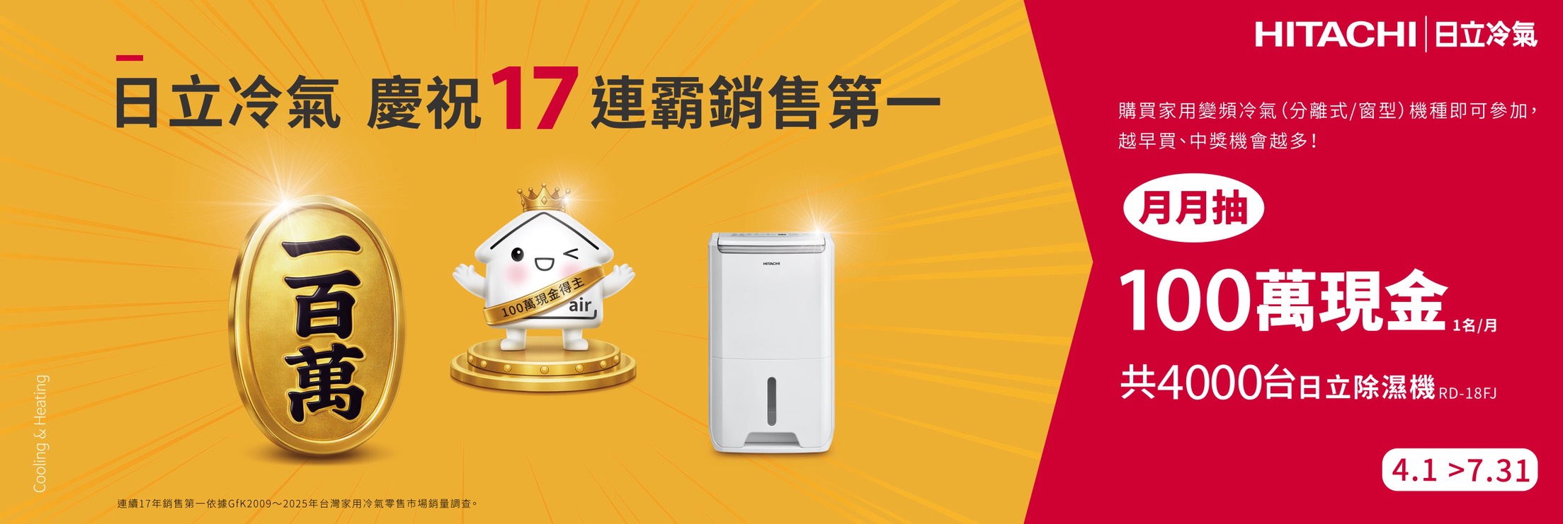 慶祝日立冷氣17連霸銷售第一『變頻分離式冷(暖)氣機、變頻窗型機』夏季月月抽
