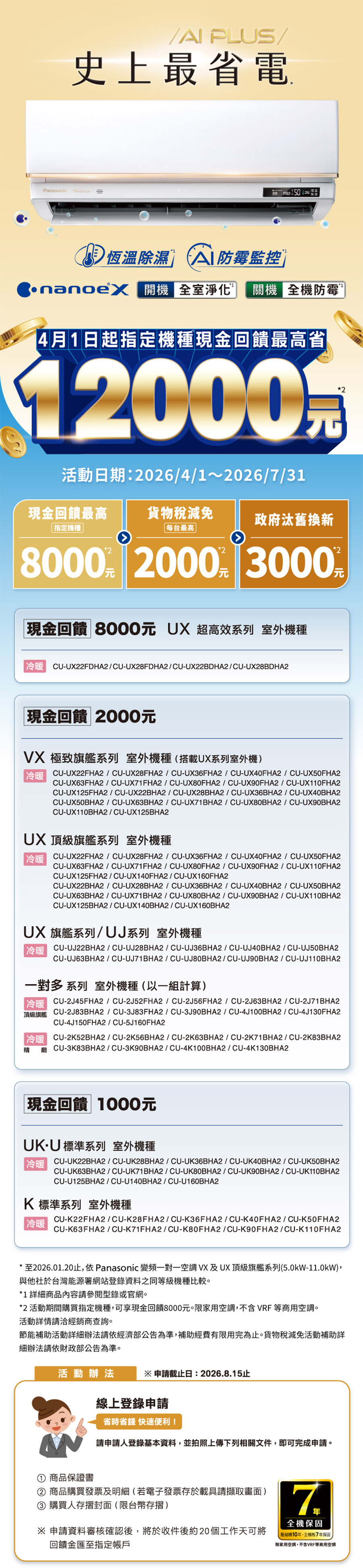 【冷氣活動優惠】2026年Panasonic國際牌空調夏季原廠現金補助最高$8000!!!