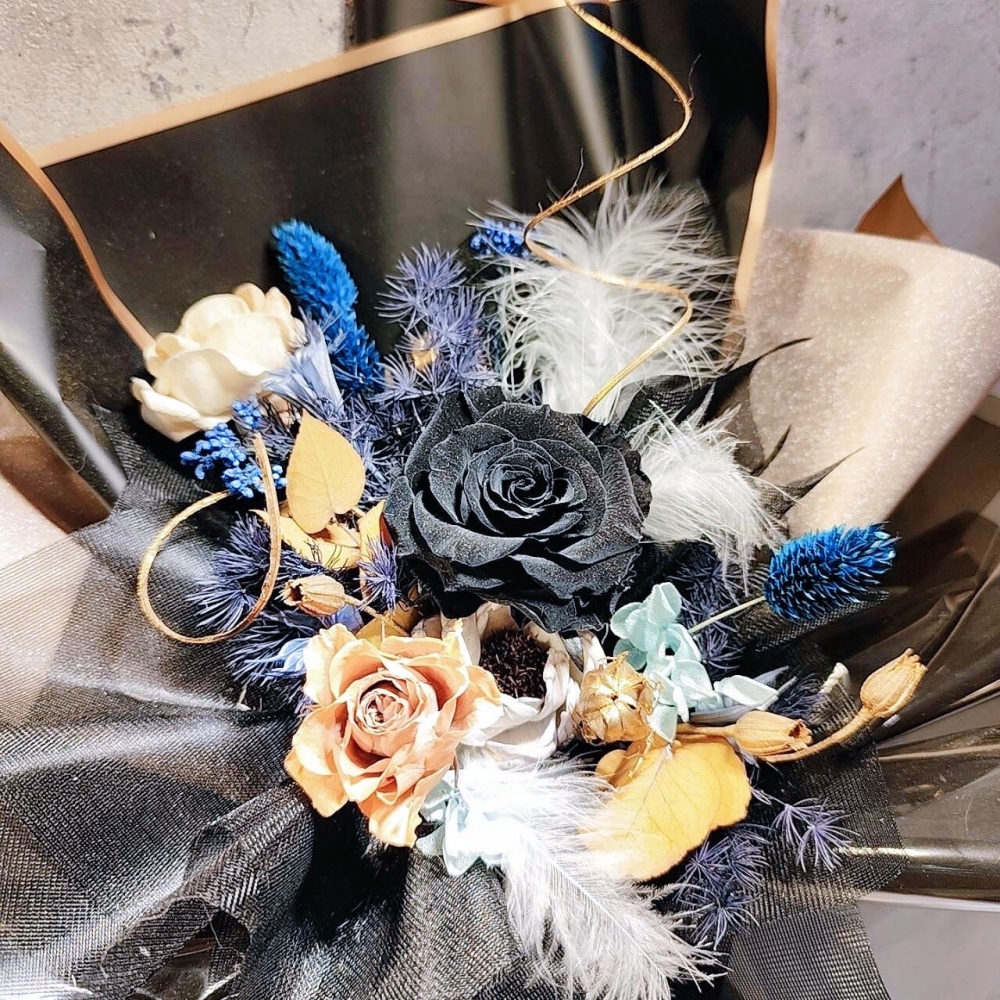 蒸氣龐克 黑金羽毛永生花束